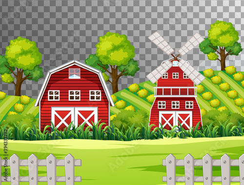 Farm with red barn and windmill on transparent background
