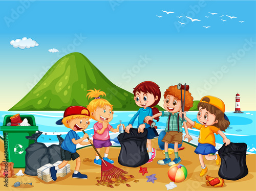 A group of volunteer kids cleaning the beach