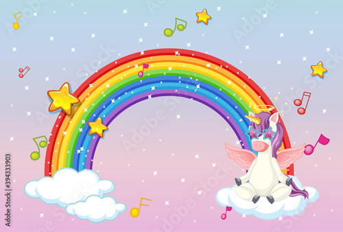 Rainbow with cute unicorn or pegasus on pastel sky background
