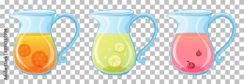 Set of different types of fruit juice in jars isolated on transparent background