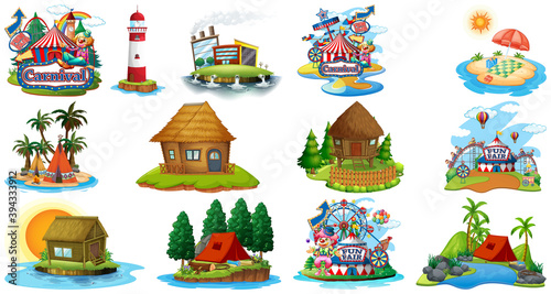 Set of different bangalows and island beach theme and amusement park isolated...