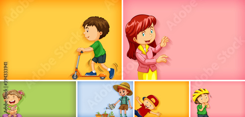 Set of different kid characters on different color background