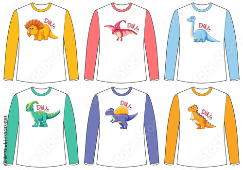 Set of different colour dinosaur screen on long sleeve t-shirt