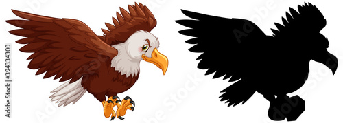 Set of eagle characters and its silhouette on white background