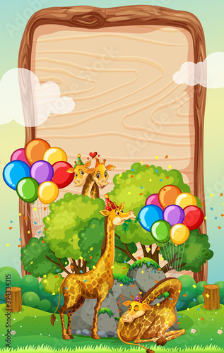 Blank wooden board template with giraffes in party theme on forest background