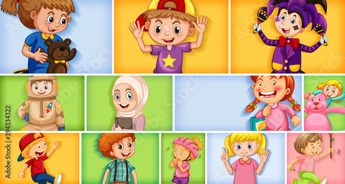 Fototapeta Naklejka Na Ścianę i Meble -  Set of different kid characters on different color background
