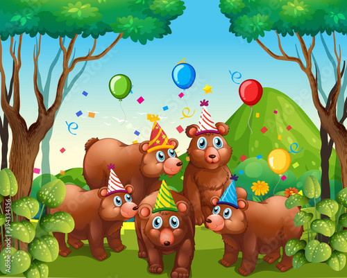 Fototapeta Naklejka Na Ścianę i Meble -  Bear group in party theme cartoon character on forest background