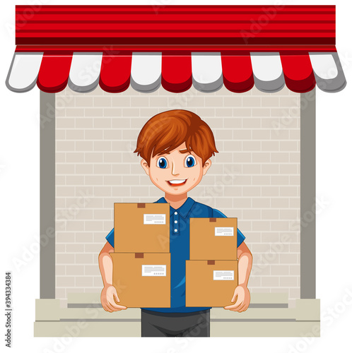 Man delivery package on white background