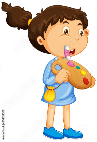 Girl holding painting plate isolated
