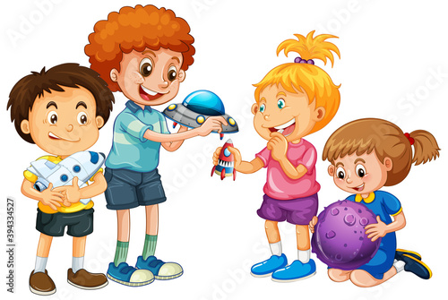 Group of young children cartoon character on white background
