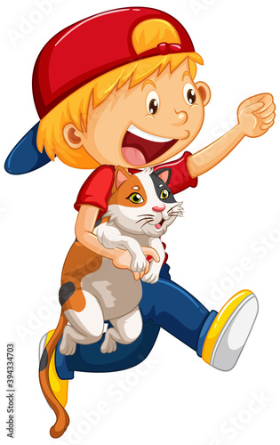 Happy boy with his cat isolated