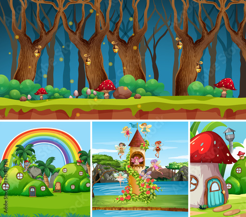 Four different scene of fantasy world with beautiful fairies in the fairy tal...