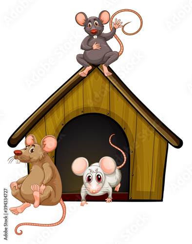 Group of cute mouses with little house isolated on white background
