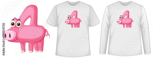 Set of two types of shirt with pig in number four shape screen on t-shirts