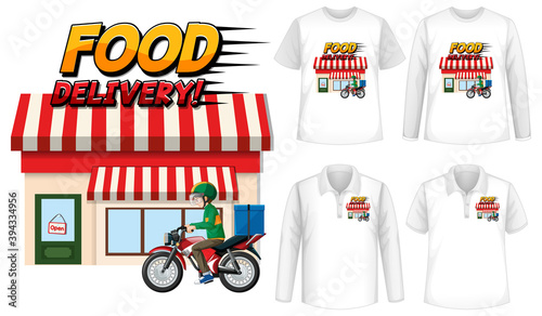 Set of different types of shirts with food delivery logo screen on shirts