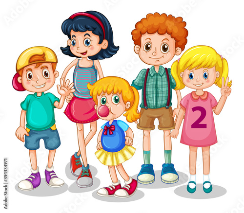 Group of young children cartoon character on white background