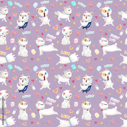 Fototapeta Naklejka Na Ścianę i Meble -  Seamless cute two color eyes cat drawing pattern with Funny characters. White cat emoji set pattern. Purple pastel background. Wallpaper, notebook, phone case print.