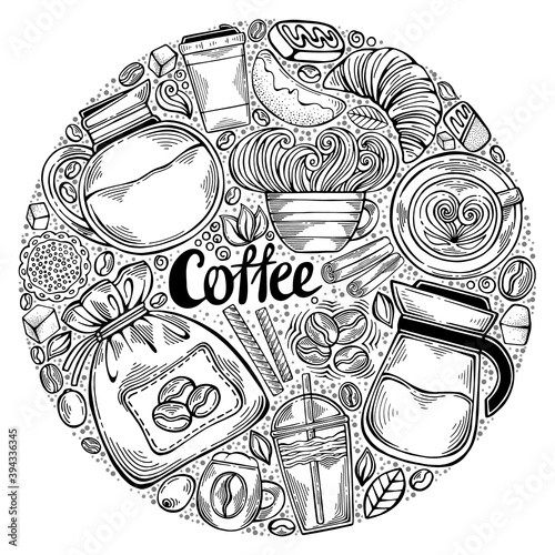 Hand drawn circle design with coffee theme elements. Vector illustration for decoration of various coffee establishments