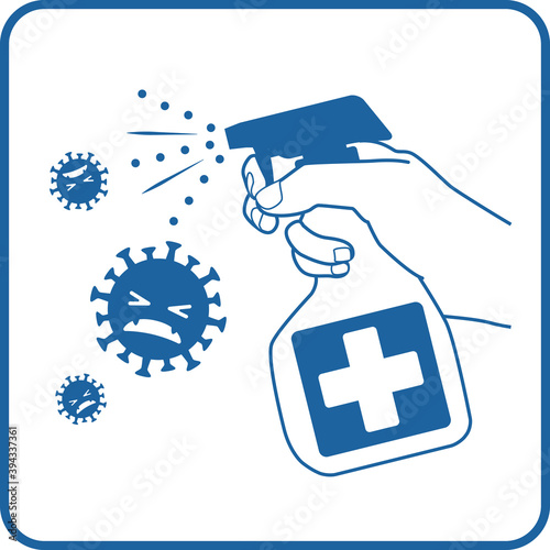 Vector illustration of blue icon of coronavirus sterilization with disinfection spray. Coronavirus prevention. #02
