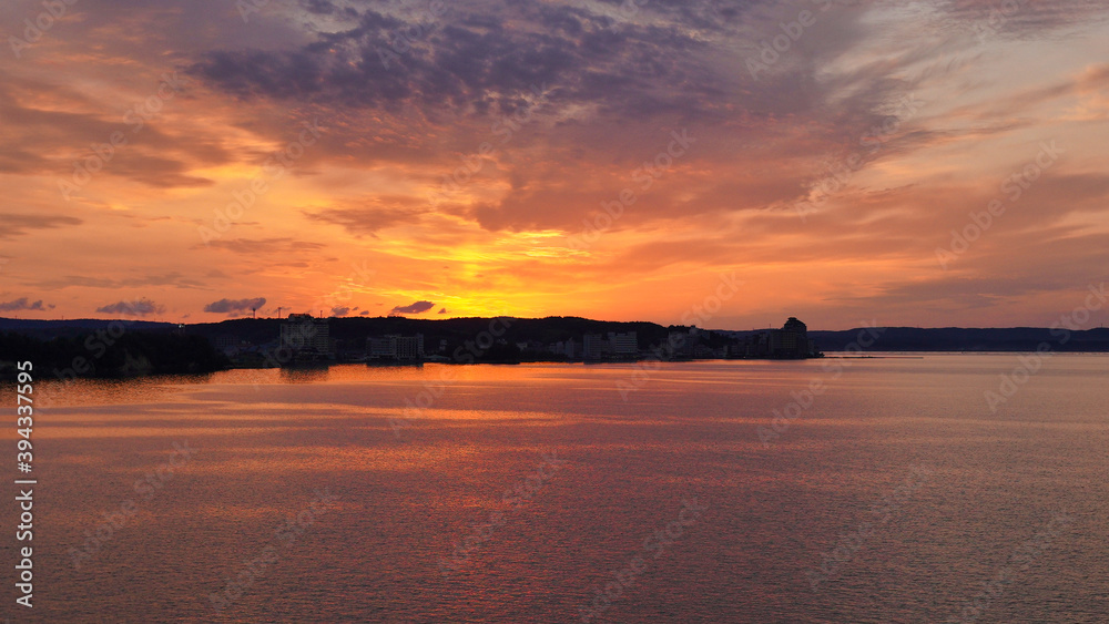 能登島大橋, 夕焼け, 空, 浜, 道, 海, 太陽