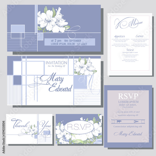 Wedding invitation card with white flowers. 
Rsvp icon, menu design, thank you card