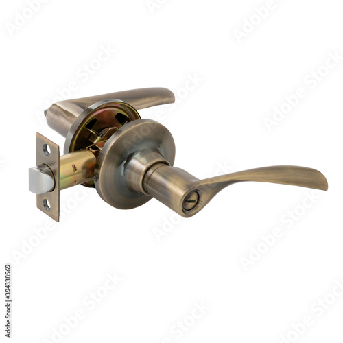 Interior door handle latch in bronze with a rotary key on a white background