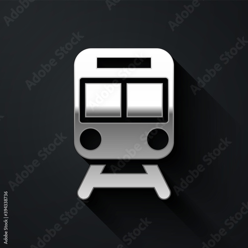 Silver Train and railway icon isolated on black background. Public transportation symbol. Subway train transport. Metro underground. Long shadow style. Vector.