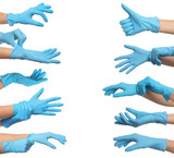 Collage with photos of woman wearing medical gloves on white background, closeup