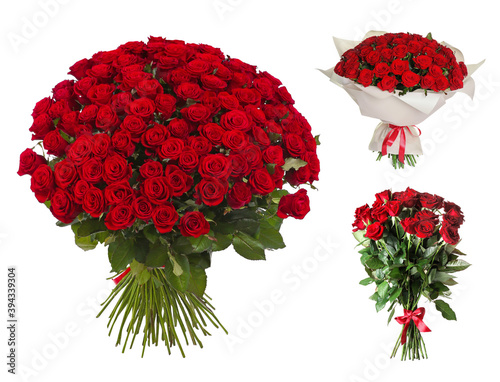 Fototapeta Naklejka Na Ścianę i Meble -  Set with beautiful bouquets of red roses on white background