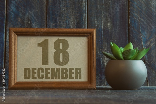 december 18th. Day 18 of month, date in frame next to succulent on wooden background winter month, day of the year concept