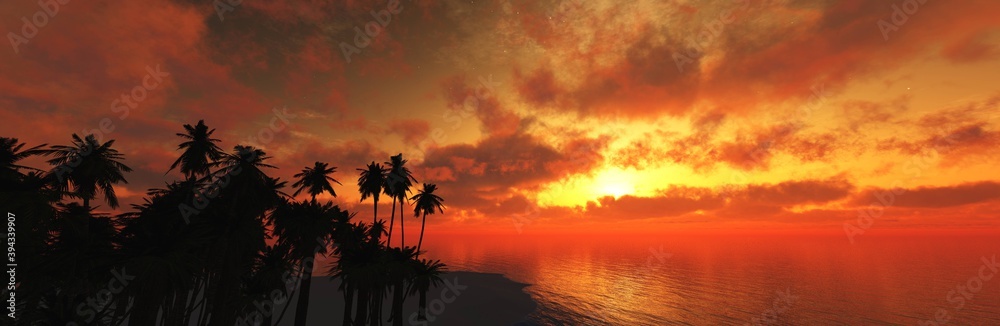 Obraz premium Beach with palm trees at the sea sunset, Silhouettes of palm trees at sunset, banner,