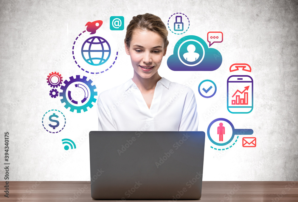 Woman with laptop and cloud computing Woman with laptop and cloud computing