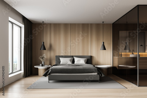 White and wooden master bedroom interior