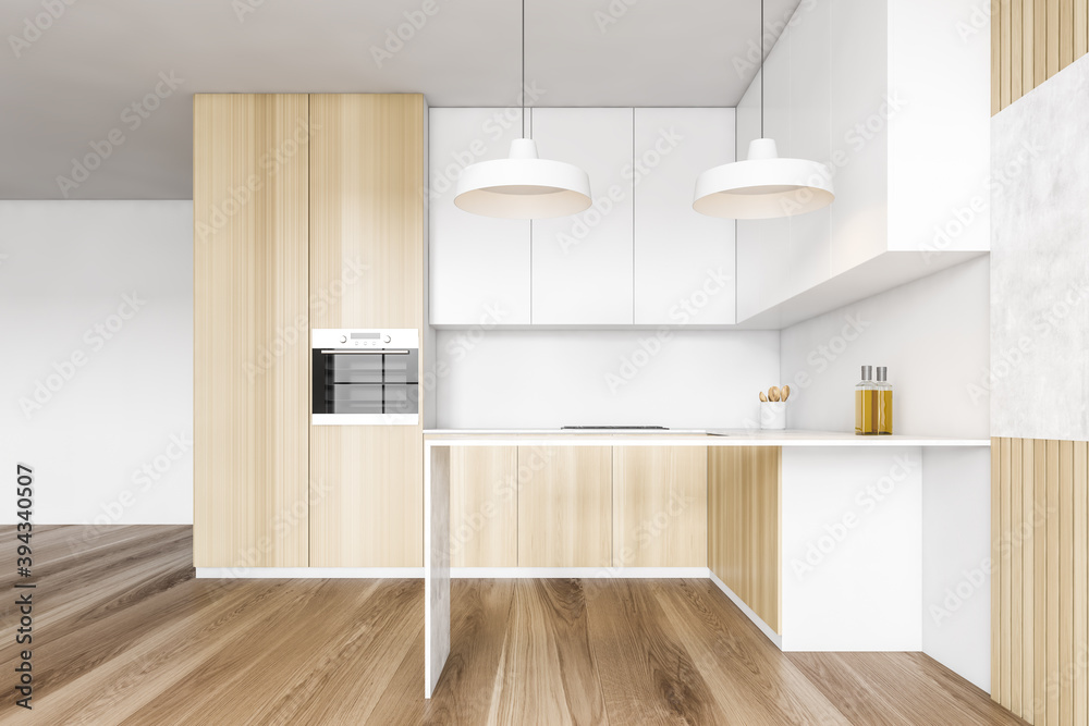 Light wooden kitchen set in modern apartment on parquet floor Light wooden kitchen set in modern apartment on parquet floor