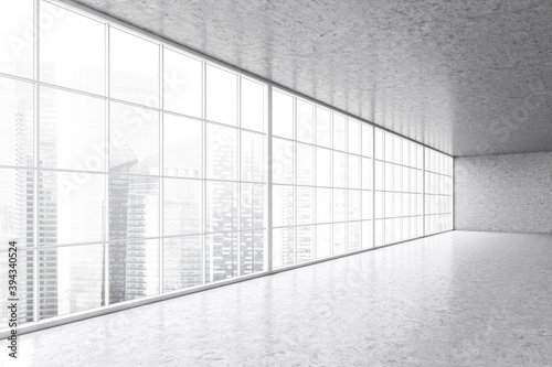 Large empty grey hall with big window, marble design of office space
