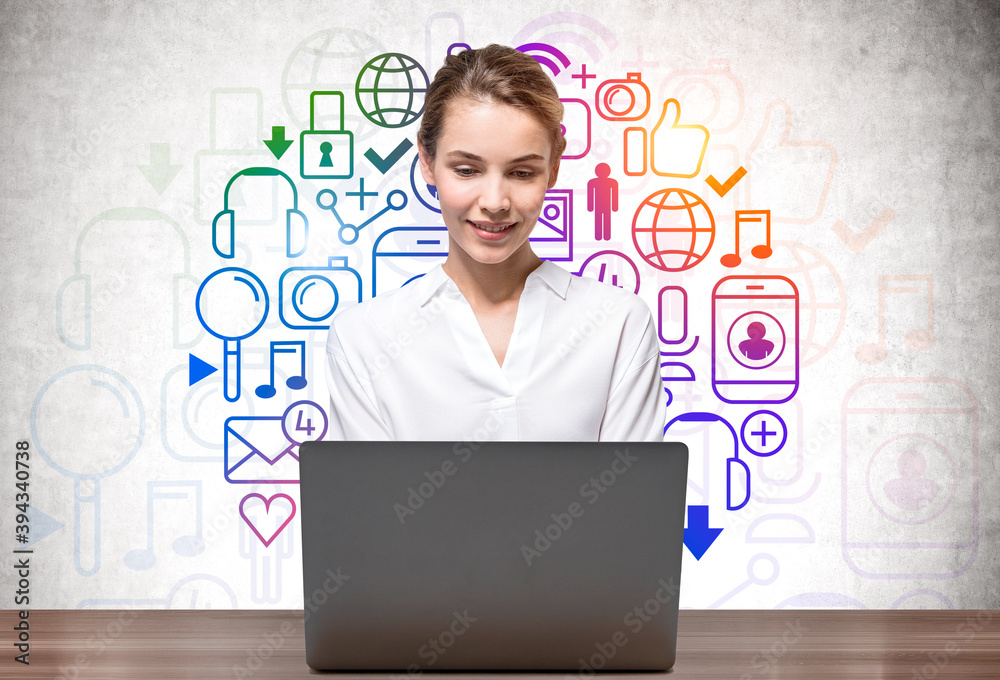 Smiling woman with laptop, social media sketch Smiling woman with laptop, social media sketch