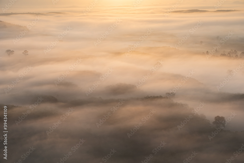 Morning fog over the mountain valley at Khao Na Nai Luang Dharma Park, Surat Thani province, Thailand