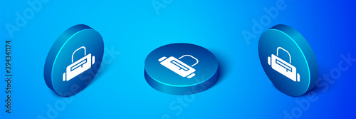 Isometric Sport bag icon isolated on blue background. Blue circle button. Vector.