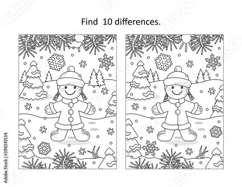 Find 10 differences visual puzzle and coloring page with gingerbread girl
