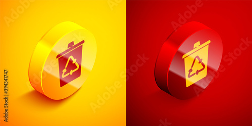 Isometric Recycle bin with recycle symbol icon isolated on orange and red background. Trash can icon. Garbage bin sign. Recycle basket sign. Circle button. Vector.