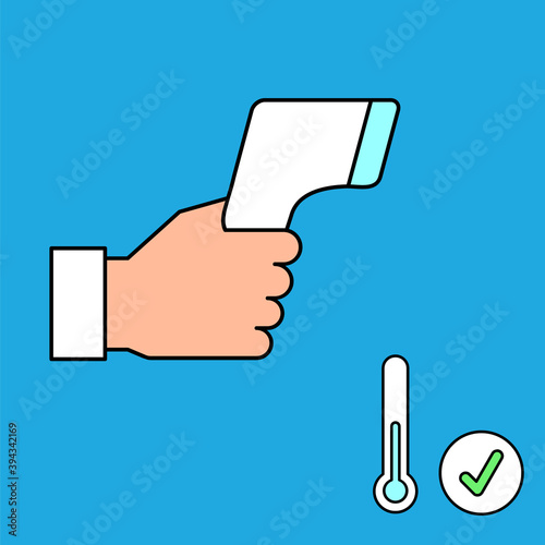 Hand holding digital contactless thermometer. Body temperature check required sign. Fever screening laser infrared device. Covid-19 pandemic safety measures. Color icon. Vector, outline, flat,clip art