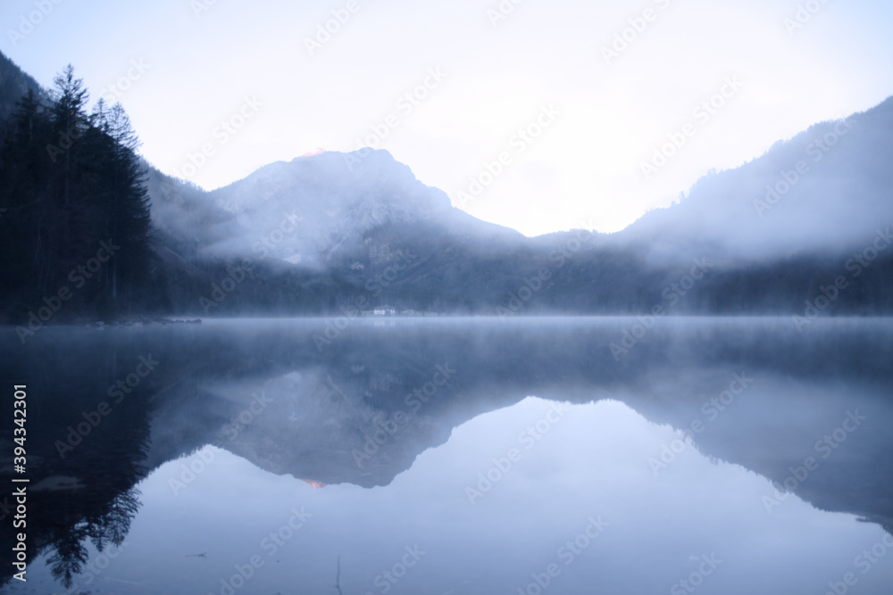 fog over the lake, vorderer langbathsee in upper austria	