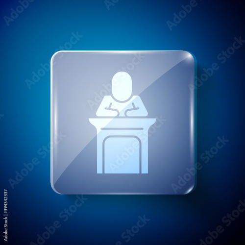White Judge icon isolated on blue background. Square glass panels. Vector.