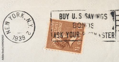 briefmarke stamp vintage retro alt old frankiert cancel slogan usa amerika america werbung new york 1939 buy saving bonds ask your postmaster Martha Washington frau woman  photo