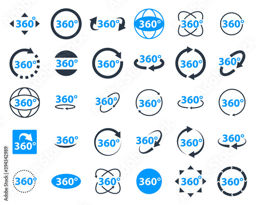 360 degrees icon set. Rotate arrow, VR reality panoramic symbol. Wide degree view icons. Virtual tour or game vector sign.