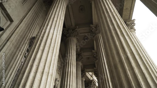 Corinthian columns of Kazan Cathedral, Saint-Petersburg, Russia. Action. Bottom view of the beautiful colonnade of Russian Orthodox Church, concept of architecture.