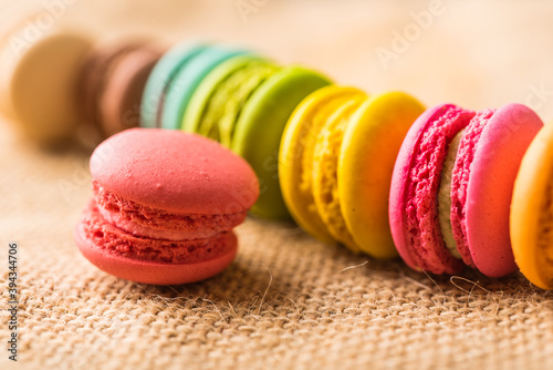 French colorful macarons background close up vintage tone