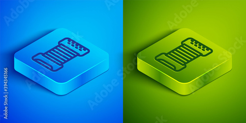 Isometric line Musical instrument accordion icon isolated on blue and green background. Classical bayan, harmonic. Square button. Vector.