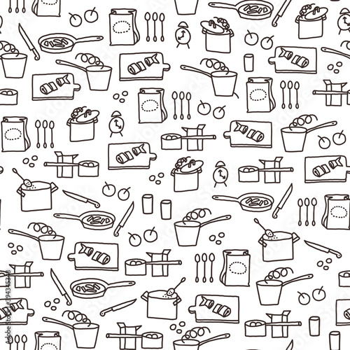Seamless pattern with a contour pattern in the style of Doodle: kitchen utensils, ladle, pan, knives, cutting Board, spoon, bag of cereals. Drawing for cooking background, cover, paper.