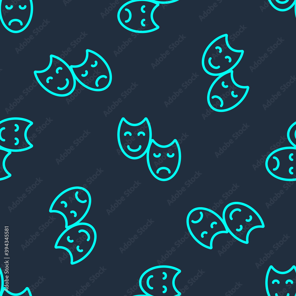Green line Comedy and tragedy theatrical masks icon isolated seamless pattern on blue background. Vector.